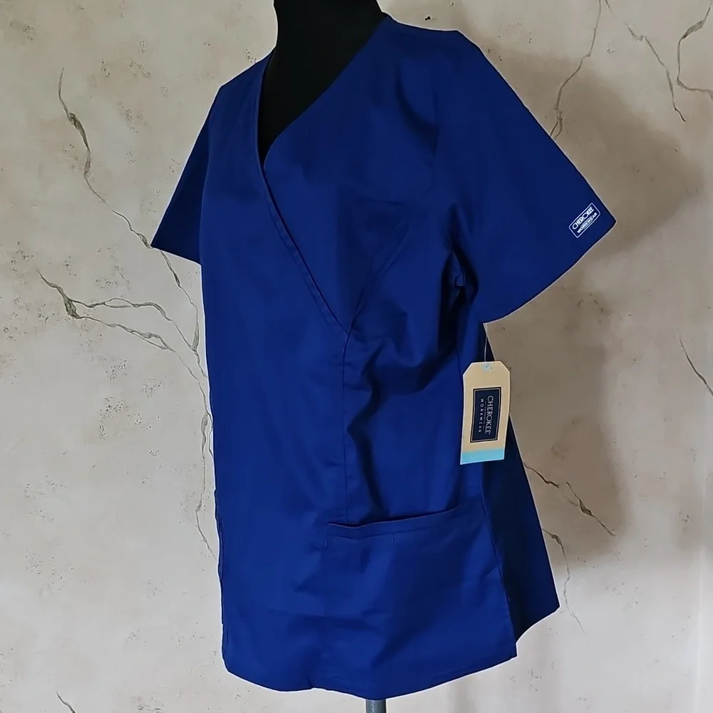 Cherokee Galaxy Blue Short Sleeve VNeck Medical Scrub Top Women's Size Large NWT - Picture 2 of 15
